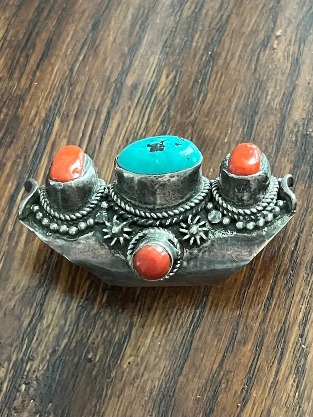 Tibetan 925 Silver Saddle Ring - Turquoise and Coral